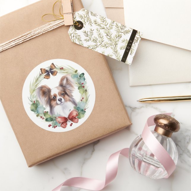Papillon Christmas Wreath Festive Pup Runder Aufkleber (Schenken)