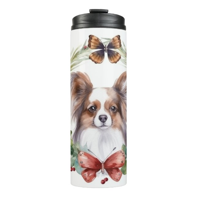 Papillon Christmas Wreath Festive Pup Thermosbecher (Vorderseite)