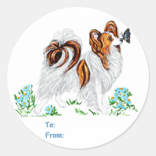 Papillon Dog & Butterfly Augen auf Auge Runder Aufkleber