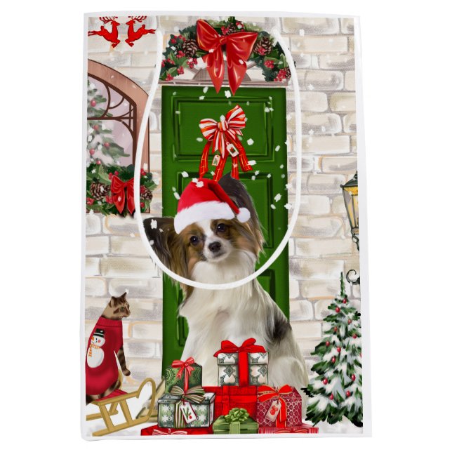 Papillon Dog Christmas Mittlere Geschenktüte (Vorderseite)
