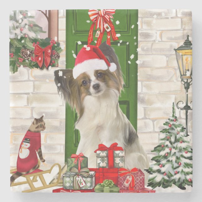 Papillon Dog Christmas Steinuntersetzer (Vorderseite)