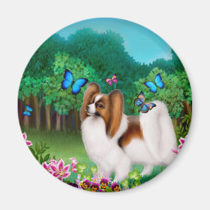 Papillon Dog im Garden Round Magnet