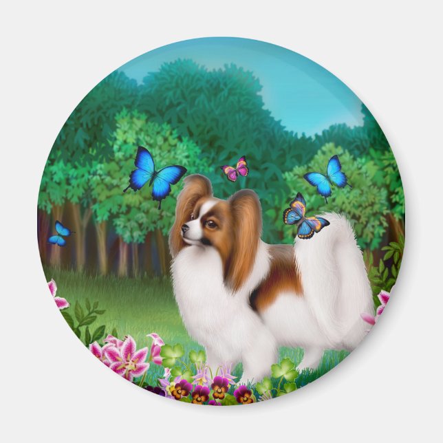 Papillon Dog im Garden Round Magnet (Vorne)