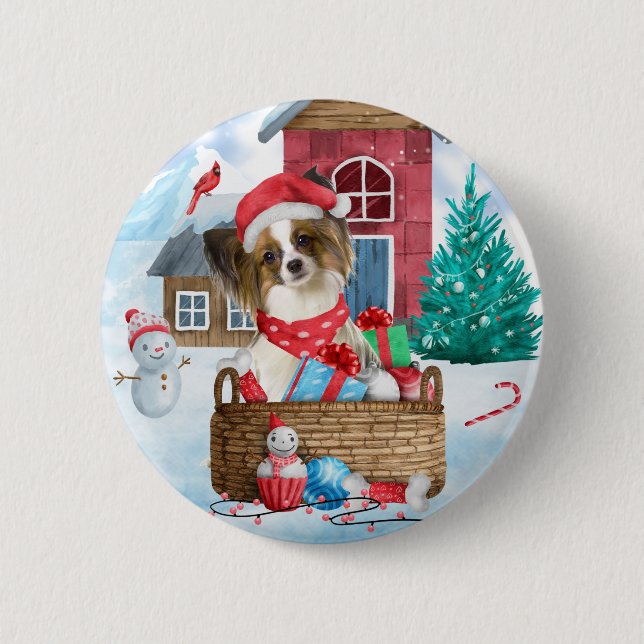 Papillon Dog im Schnee Weihnachtshundehaus Button (Vorderseite)