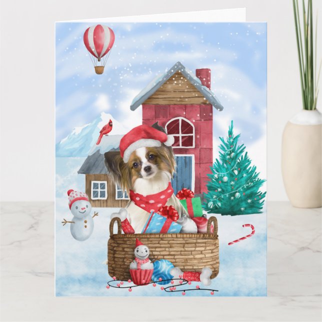 Papillon Dog im Schnee Weihnachtshundehaus Karte (Vorderseite)