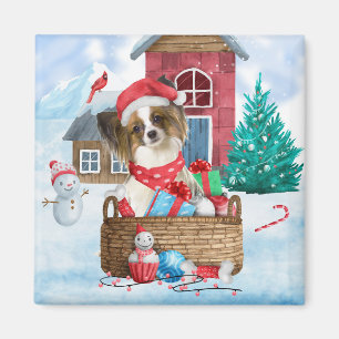 Papillon Dog im Schnee Weihnachtshundehaus Magnet