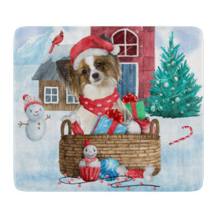 Papillon Dog im Schnee Weihnachtshundehaus Schneidebrett