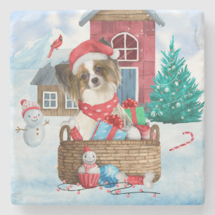Papillon Dog im Schnee Weihnachtshundehaus Steinuntersetzer