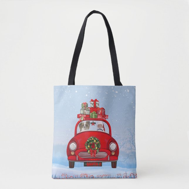 Papillon Dog in Auto mit dem Weihnachtsmann (Vorderseite)