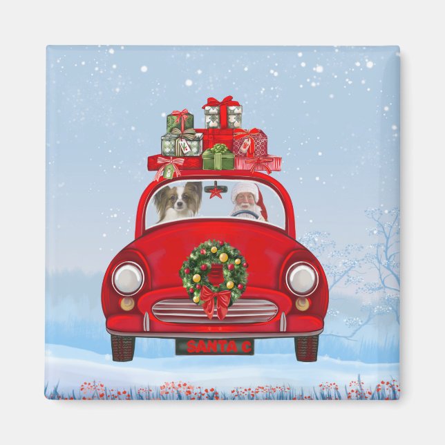 Papillon Dog in Auto mit dem Weihnachtsmann Magnet (Vorne)