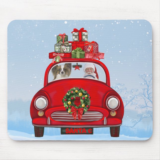 Papillon Dog in Auto mit dem Weihnachtsmann Mousepad (Vorne)