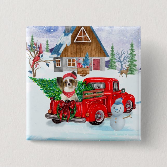 Papillon Dog in Christmas Delivery LKW Schnee Button (Vorderseite)