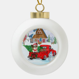 Papillon Dog in Christmas Delivery LKW Schnee Keramik Kugel-Ornament