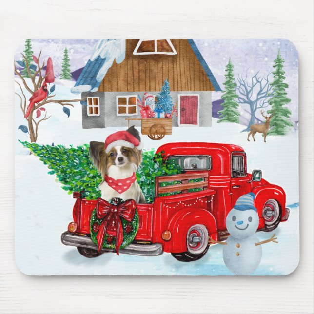 Papillon Dog in Christmas Delivery LKW Schnee Mousepad (Vorne)