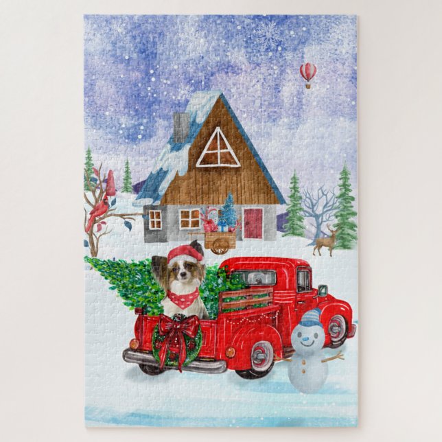 Papillon Dog in Christmas Delivery LKW Schnee Puzzle (Vertikal)