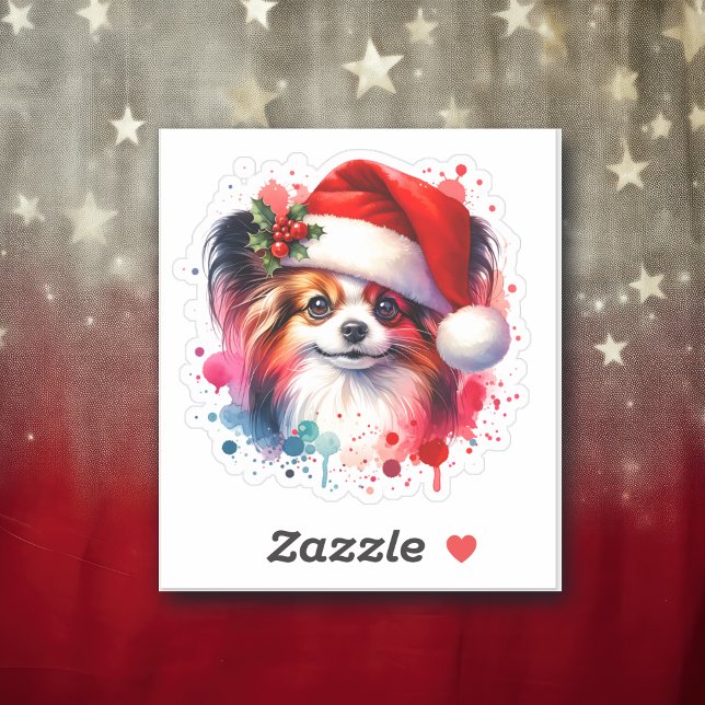 Papillon Dog in der Weihnachtsmannmütze Weihnachte Aufkleber (Von Creator hochgeladen)