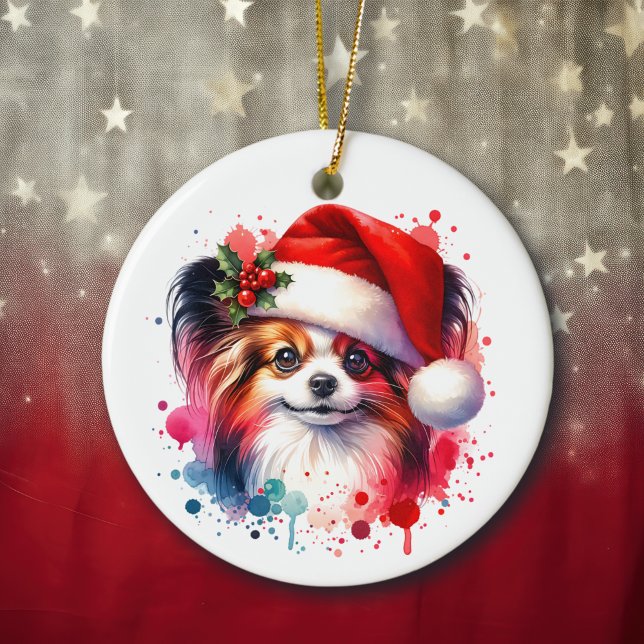 Papillon Dog in der Weihnachtsmannmütze Weihnachte Keramik Ornament (Von Creator hochgeladen)