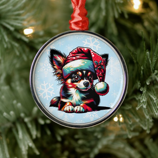 Papillon Dog in der Weihnachtsmannmütze Weihnachte Ornament Aus Metall (Baum)