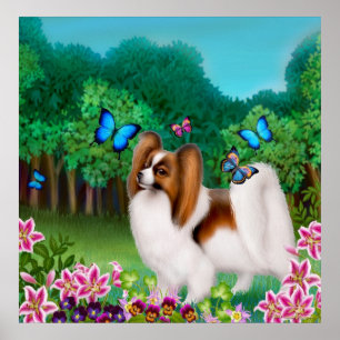 Papillon Dog in Garden Print Poster
