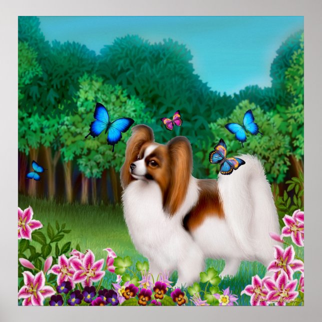Papillon Dog in Garden Print Poster (Vorne)