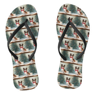 Papillon Dog in Schnee Weihnachten Flip Flops