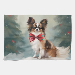 Papillon Dog in Schnee Weihnachten Geschirrtuch