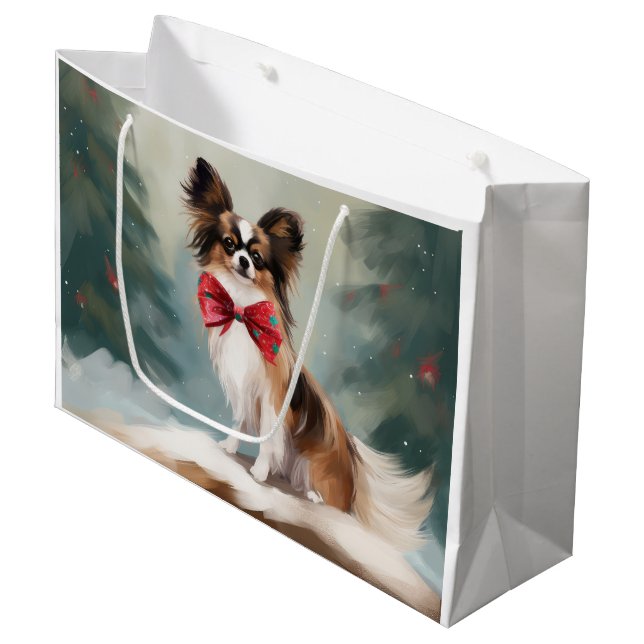 Papillon Dog in Schnee Weihnachten Große Geschenktüte (Vorderseite Schrägansicht)