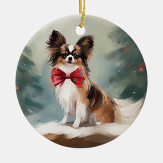 Papillon Dog in Schnee Weihnachten Keramik Ornament (Vorne)