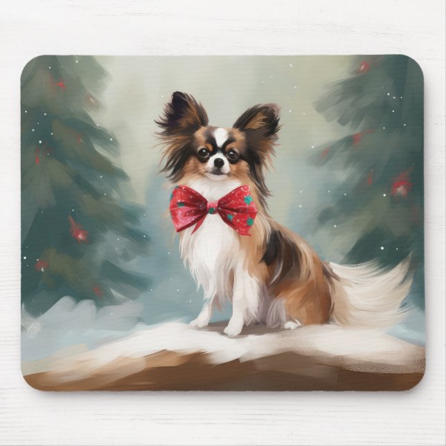 Papillon Dog in Schnee Weihnachten Mousepad (Vorne)