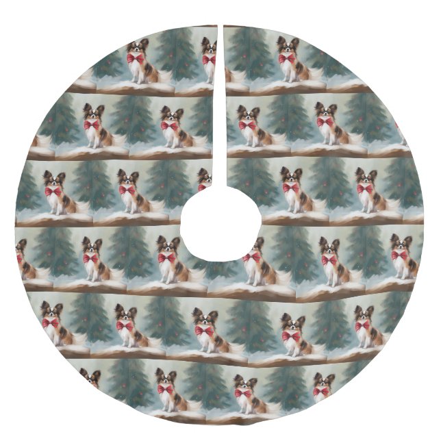 Papillon Dog in Schnee Weihnachten Polyester Weihnachtsbaumdecke (Vorderseite)