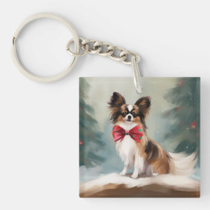 Papillon Dog in Schnee Weihnachten Schlüsselanhänger