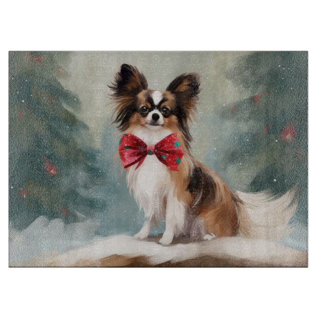 Papillon Dog in Schnee Weihnachten Schneidebrett (Vorderseite)