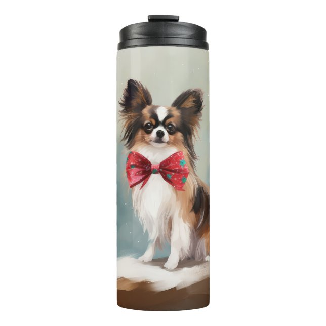 Papillon Dog in Schnee Weihnachten Thermosbecher (Vorderseite)