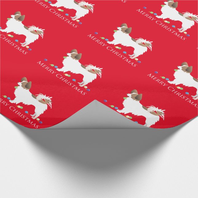 Papillon Dog Merry Christmas Design Geschenkpapier (Ecke)