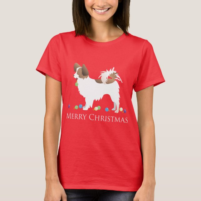 Papillon Dog Merry Christmas Design T-Shirt (Vorderseite)