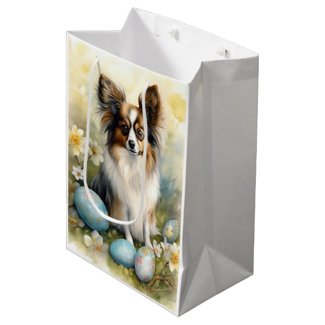 Papillon Dog mit Ostereier Urlaub Mittlere Geschenktüte (Vorderseite Schrägansicht)