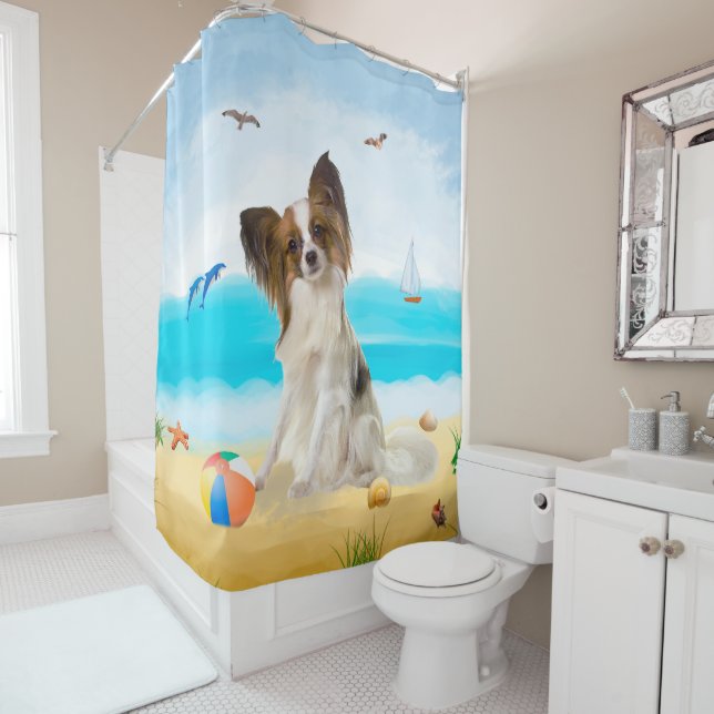 Papillon Dog on Beach Duschvorhang (Beispiel)