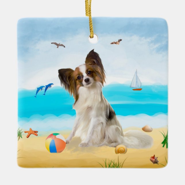 Papillon Dog on Beach Keramikornament (Vorderseite)