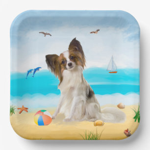 Papillon Dog on Beach Pappteller