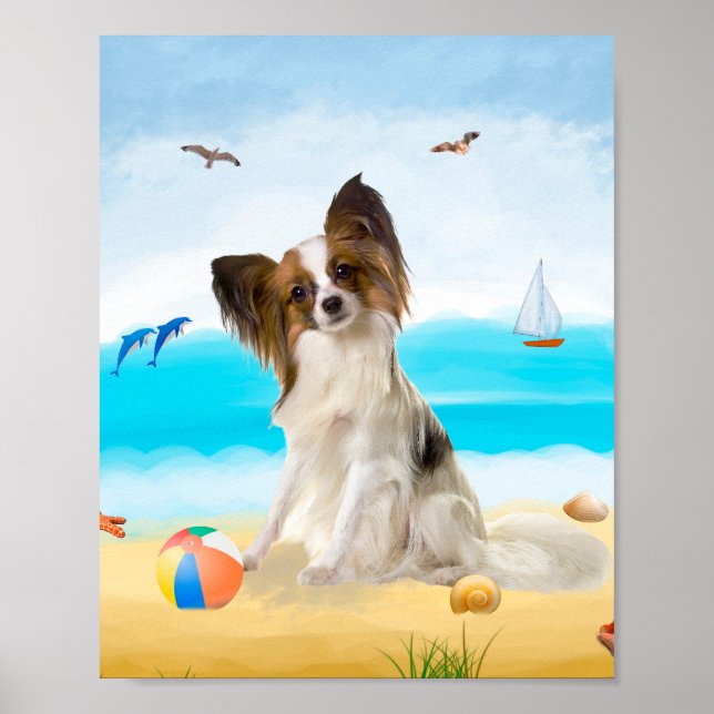 Papillon Dog on Beach Poster (Vorne)