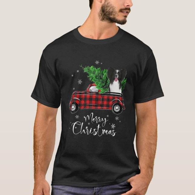 Papillon Dog Ride Red Truck Weihnachten Witziger H T-Shirt (Vorderseite)