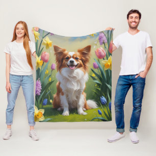 Papillon Dog Spring Flowers Malerei Fleecedecke