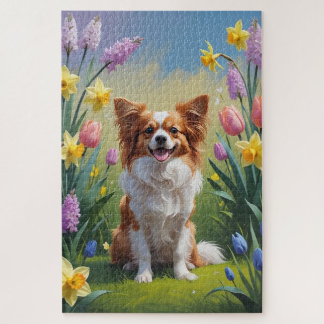 Papillon Dog Spring Flowers Malerei Puzzle (Vertikal)
