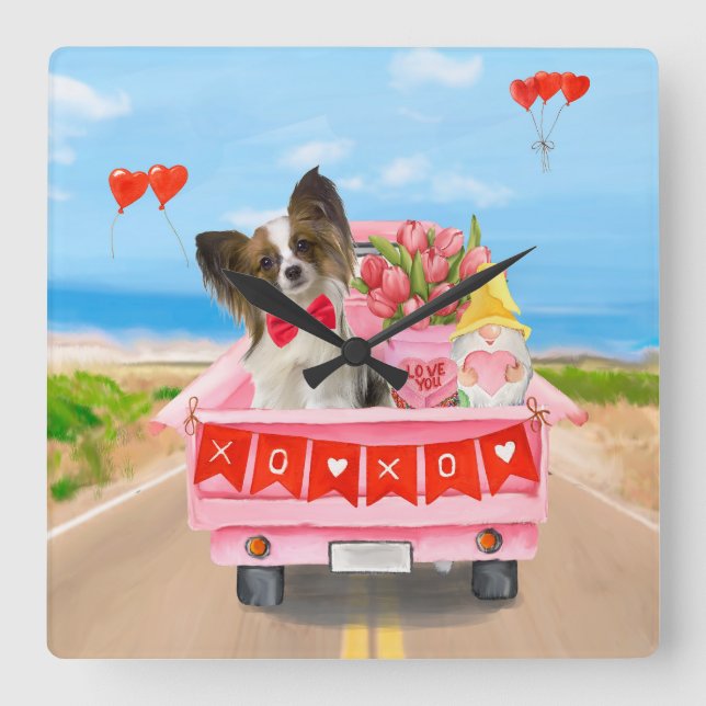 Papillon Dog Valentine's Day Lkw Herz Quadratische Wanduhr (Vorderseite)
