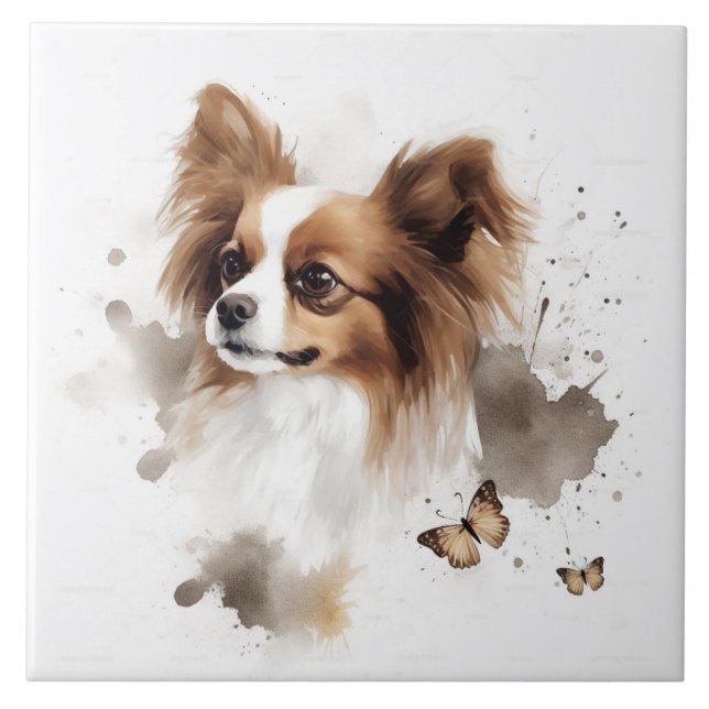 Papillon Dog Watercolor mit Schmetterlingen Fliese (Vorderseite)