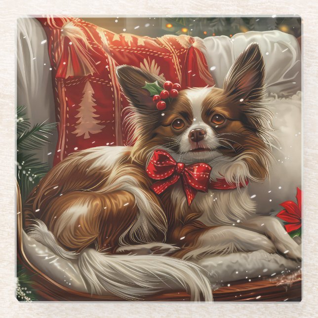 Papillon Dog Weihnachtsfest Glasuntersetzer (Vorderseite)