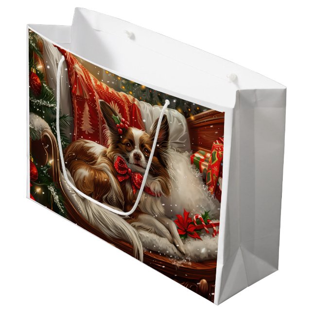 Papillon Dog Weihnachtsfest Große Geschenktüte (Vorderseite Schrägansicht)