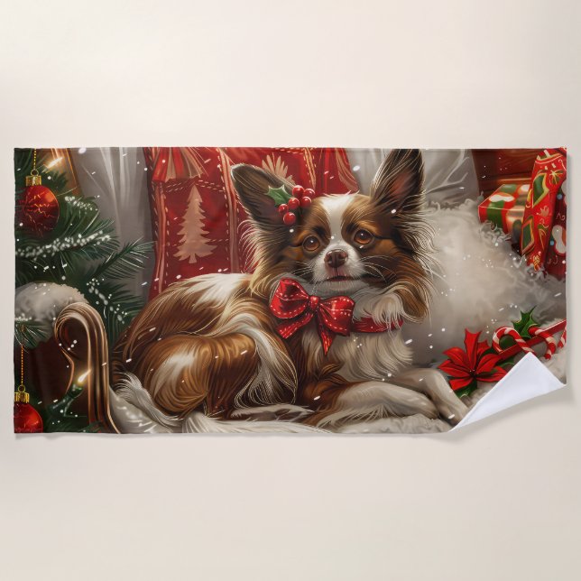Papillon Dog Weihnachtsfest Strandtuch (Vorderseite)