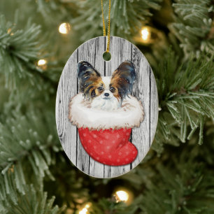 Papillon Dog zu Weihnachten Strumpf über Holz Keramik Ornament