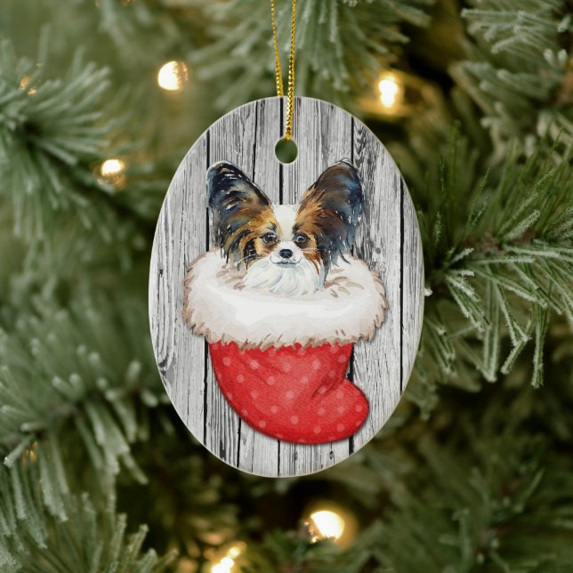 Papillon Dog zu Weihnachten Strumpf über Holz Keramik Ornament (Baum)
